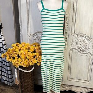 Becool Striped Green and White Ribbed Knit Body con  Women's Maxi Dress